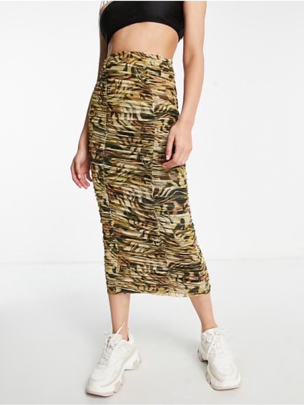 Topshop Animal Print Ruched Mesh Midi Penicillin Skirt Lined Stretch Pull-On US